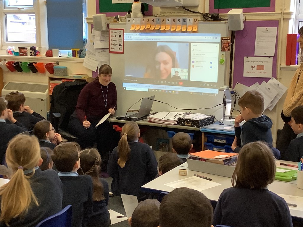 Primary school classroom with me on the screen